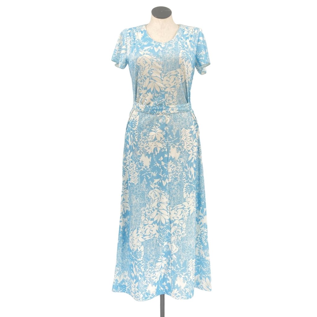 1970s Tropical Flower Print Baby Blue & White Maxi Dress With Belt Vintage